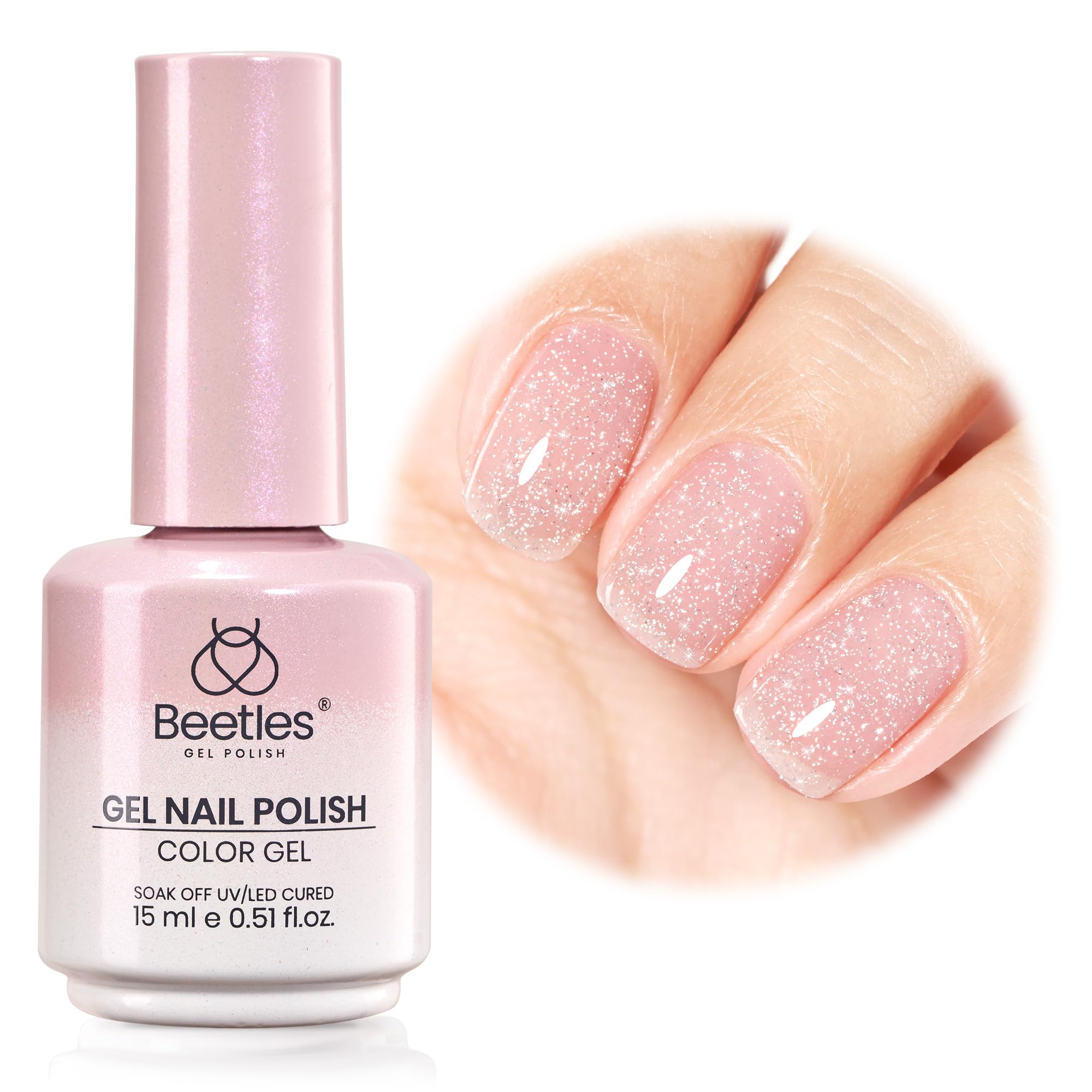 Beetles Glitter Pink Gel Nail Polish bottle 15ml, ideal for chic, buildable color.