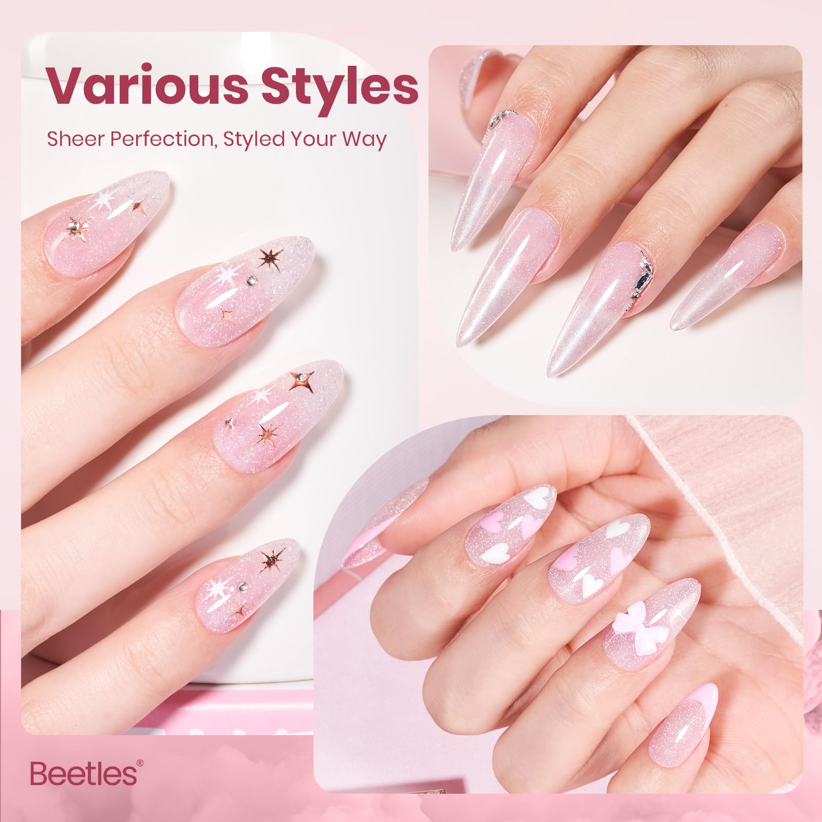 Beetles Glitter Pink Gel Nail Polish closeup of glitter fragments for a dreamy effect.