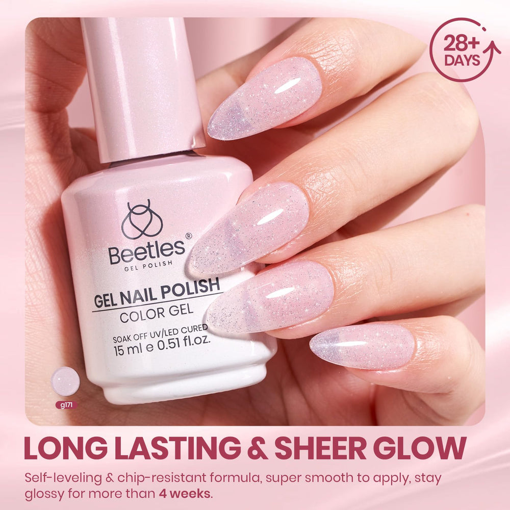 Beetles Glitter Pink Gel Nail Polish under UV/LED lamp curing for quick manicure sessions.