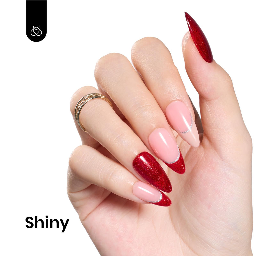 Beetles Glitter Red Gel Polish on nails with vibrant sparkle for festive looks