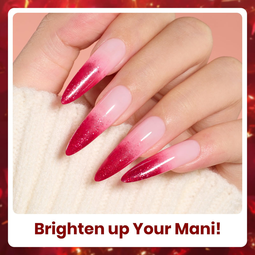 Beetles Glitter Red Gel Polish Passion Rush application in progress on a nail.