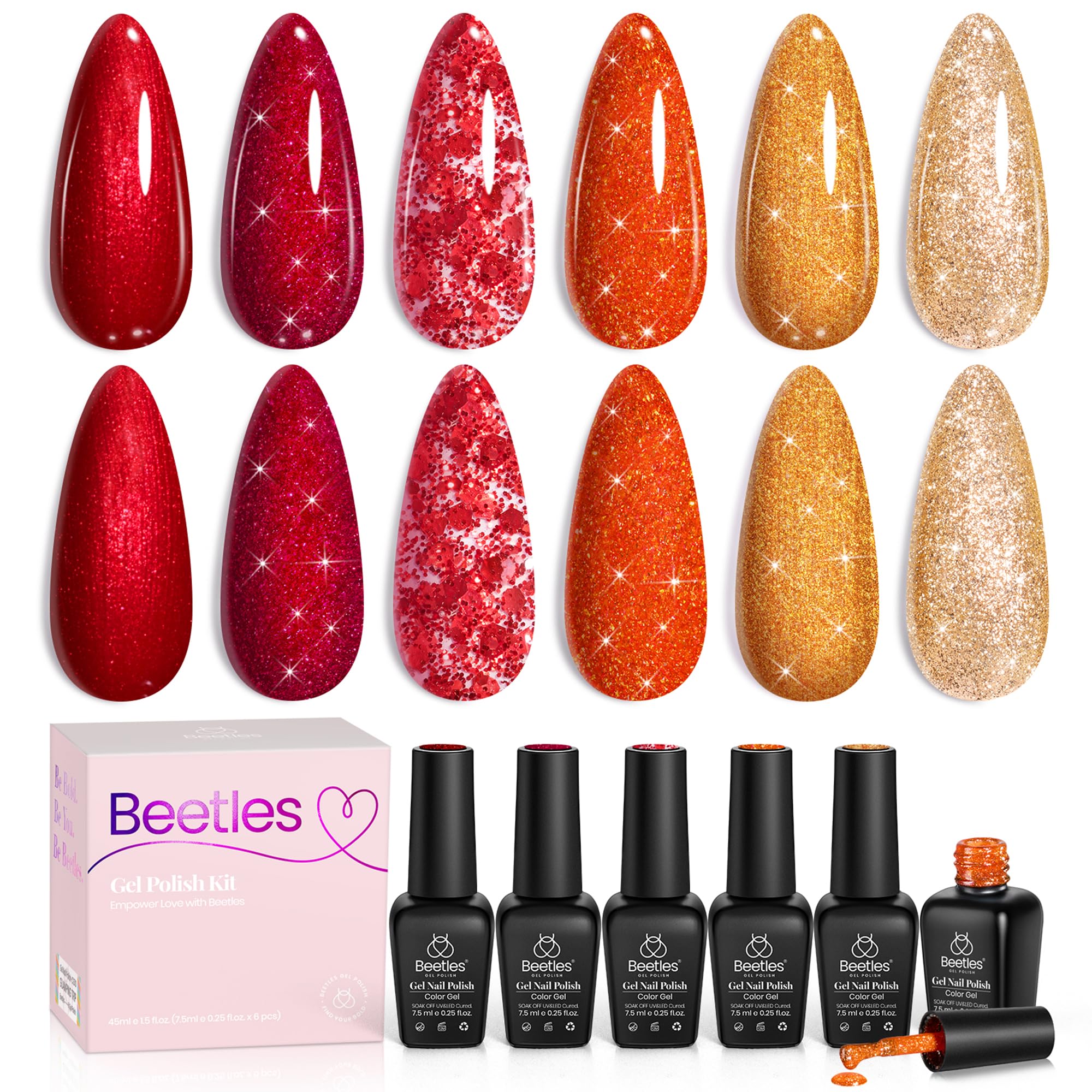 Beetles Glitter Red Gel Polish Passion Rush bottle showing bold glitter for festive nails.