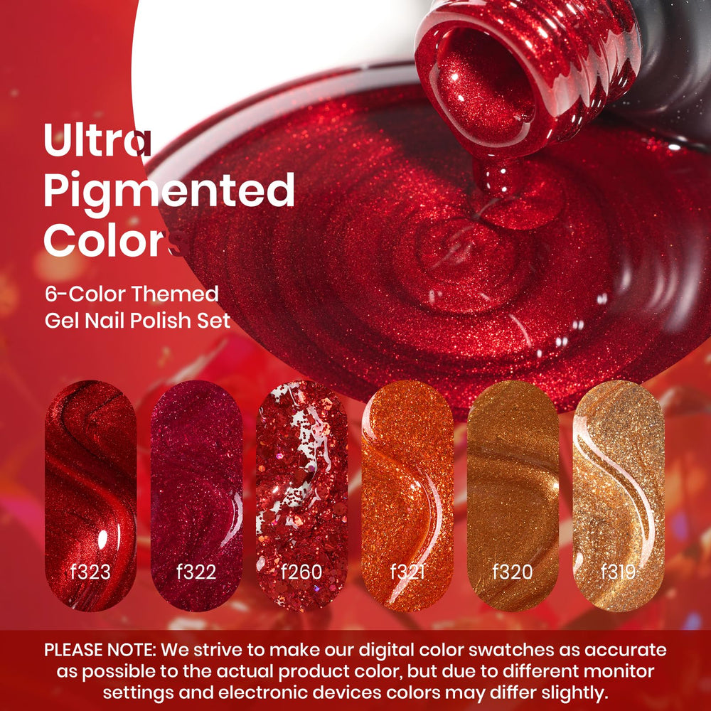 Beetles Glitter Red Gel Polish Passion Rush swatch reveals vibrant red-orange-gold shimmer.