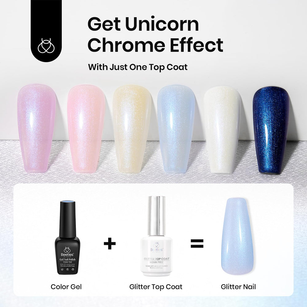 Beetles Glitter Top Coat brush application on nails delivers even, high-shine glitter.