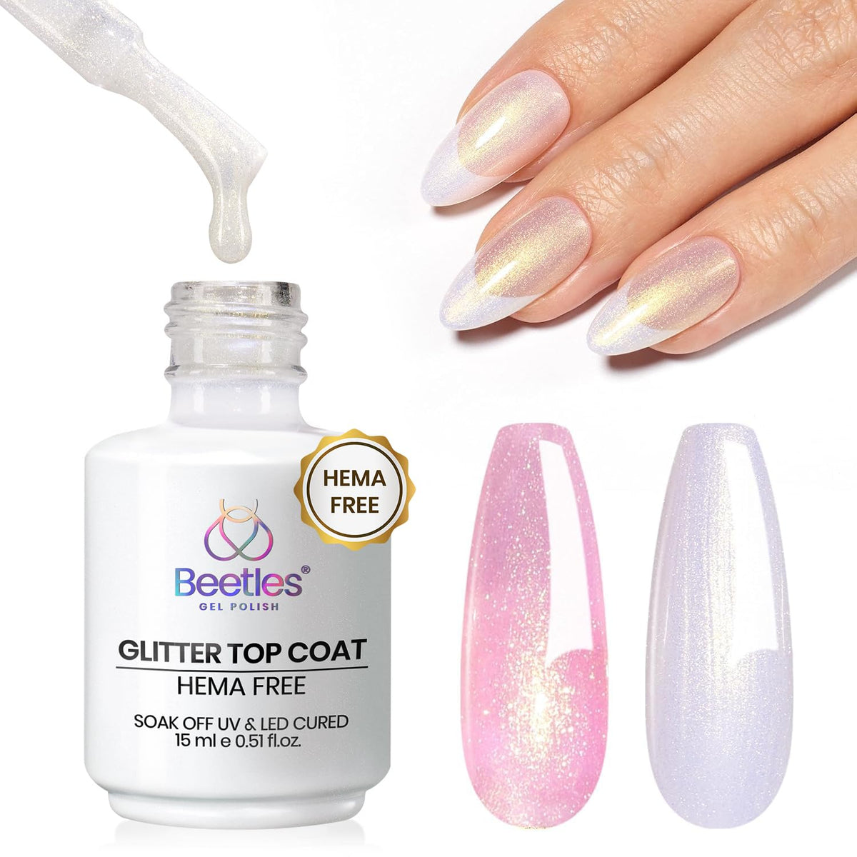 Beetles glitter top coat pearl green adds bright shine for stunning nails.