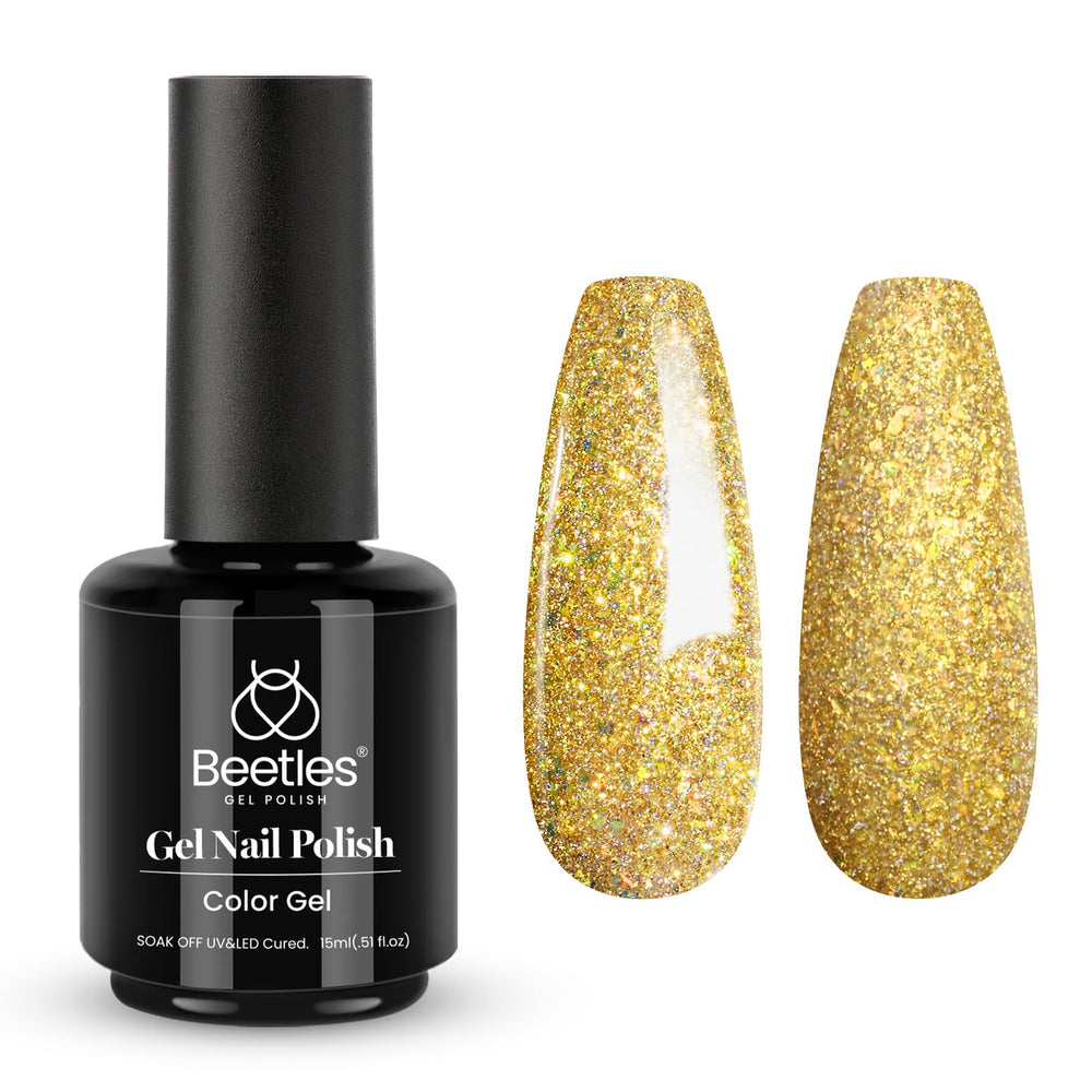 Beetles Gold Gel Polish Champagne Gold Glitter shines with dynamic light for dramatic nails.