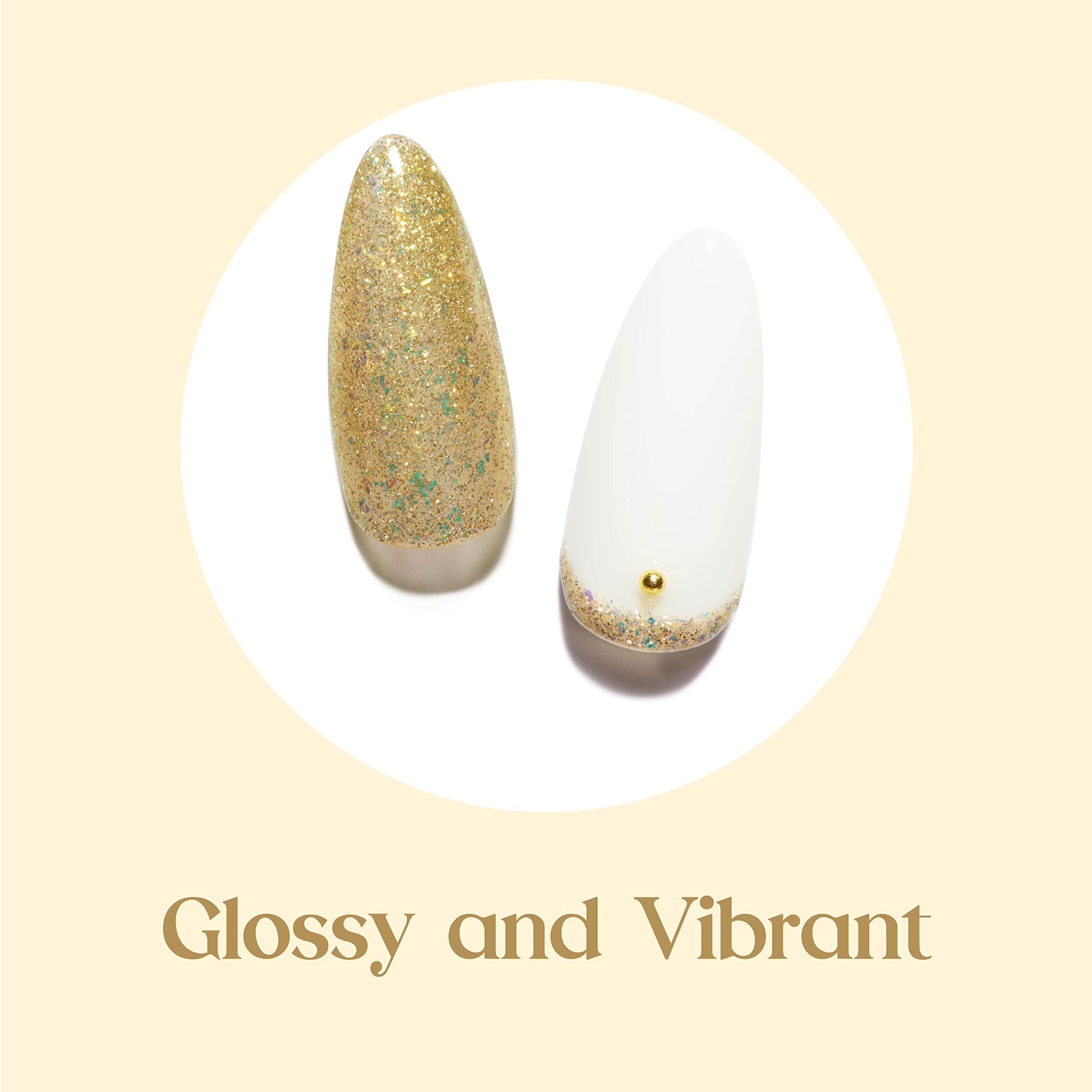 Beetles Gold Gel Polish Champagne Gold Glitter under LED lighting for festival-ready shine.