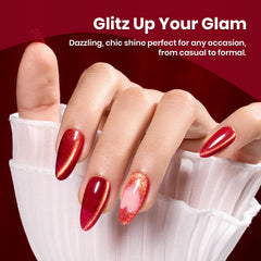 Beetles gold powder shimmer highlighting sparkling accents on red cat eye polish