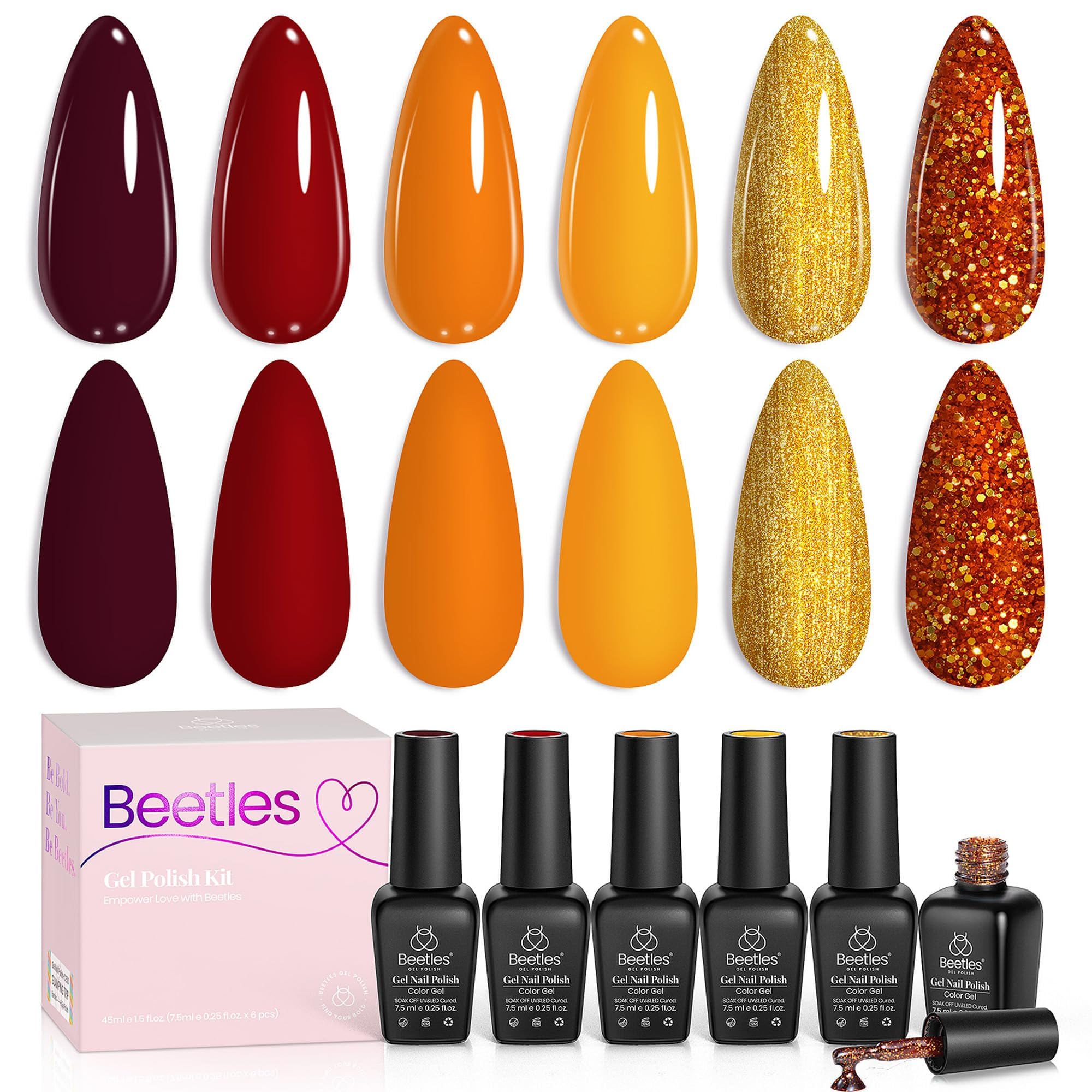 Beetles Golden Blessing collection box shows six fall gel polishes for home manicures.