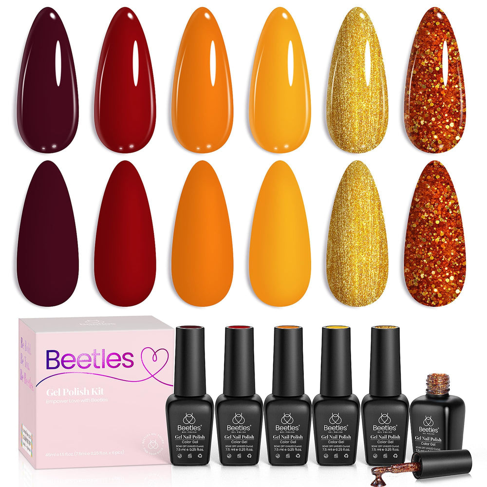 Beetles Golden Blessing collection box shows six fall gel polishes for home manicures.