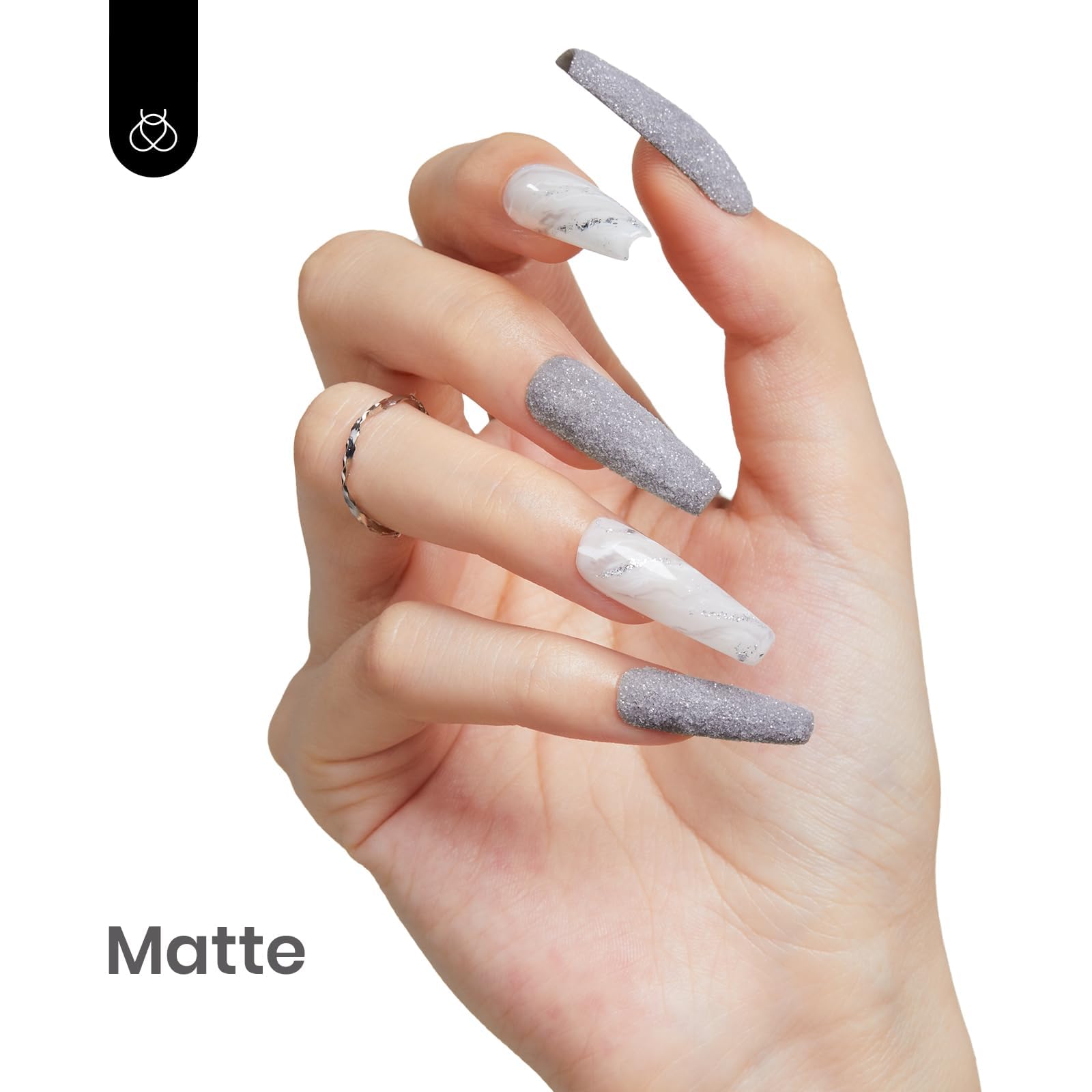 Beetles Gray gel nails with glossy finish after curing