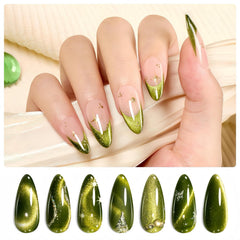 Beetles Green Cat Eye Gel Nail Polish bottle shows olive-green hue for elegant nails.
