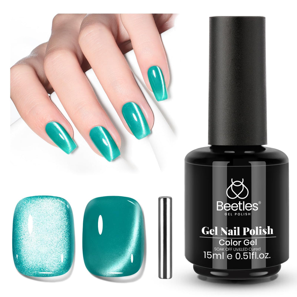 Beetles Green Cat Eye Gel Polish with magnet for shimmering teal effect.