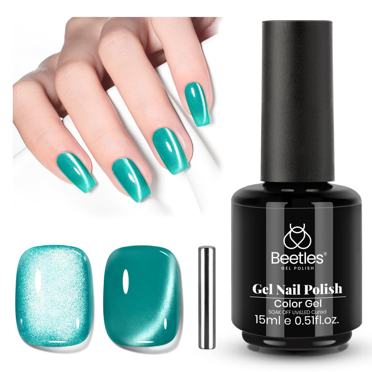 Beetles Green Cat Eye Gel Polish with magnet for shimmering teal effect.