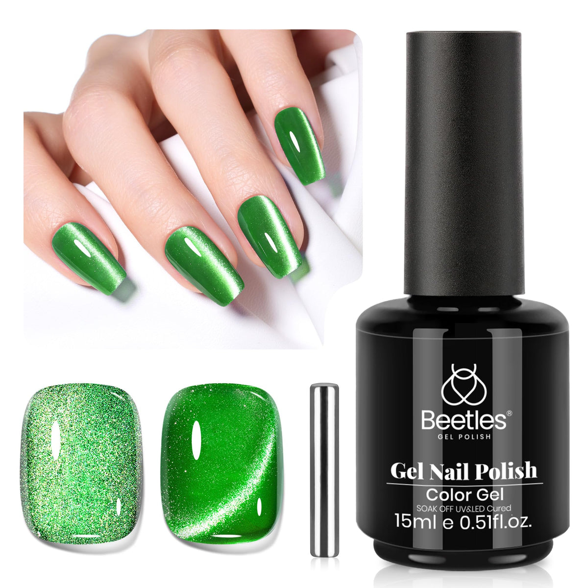 Beetles Green Cat Eye Gel Polish bottle showing emerald shimmer and magnetic potential for home nails.