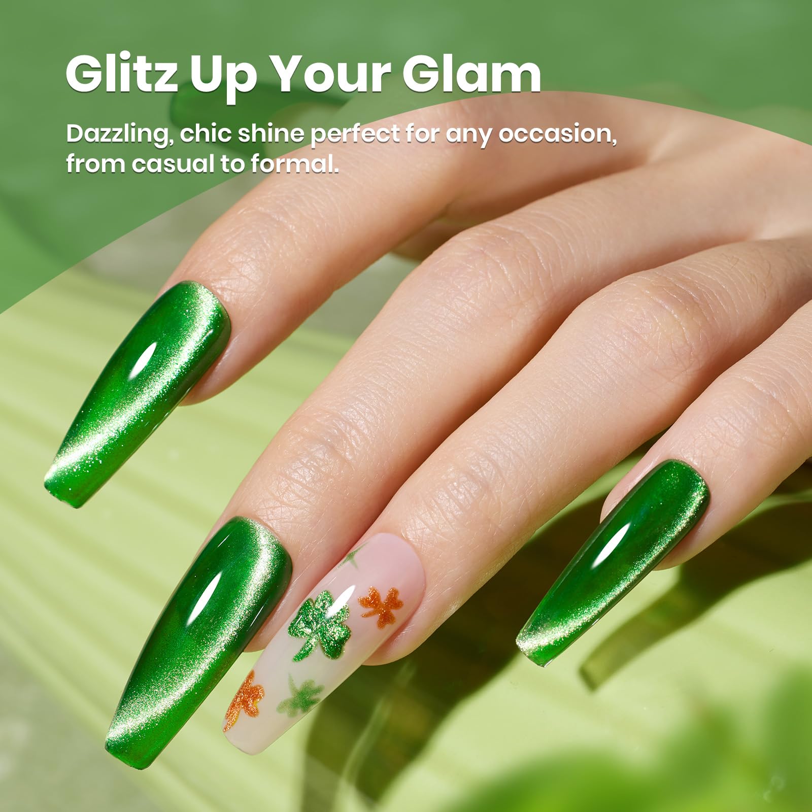 Beetles Green Cat Eye gel polish closeup highlighting metallic texture and shine.