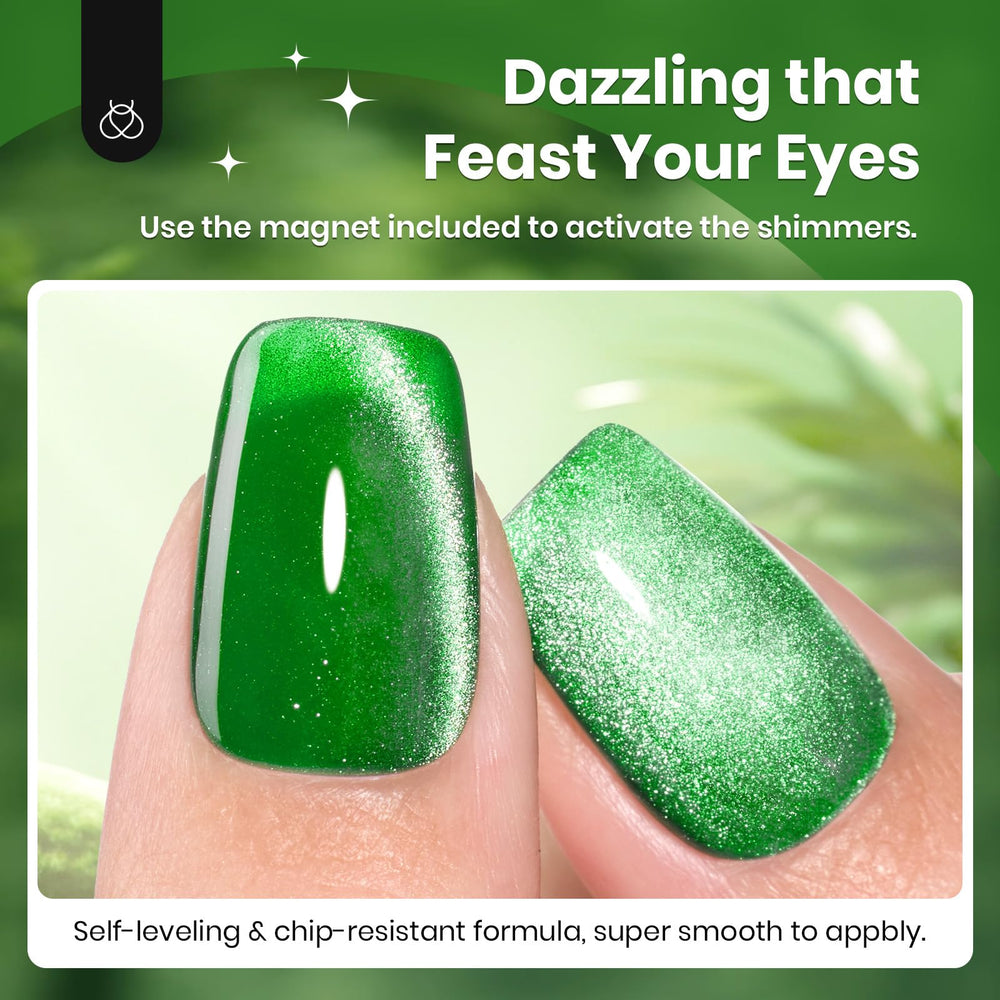 Beetles Green Cat Eye gel polish with glossy finish for premium looking nails.