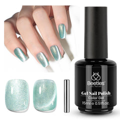 Beetles Green Cat Eye Gel Polish closeup showing magnet-driven shimmer.