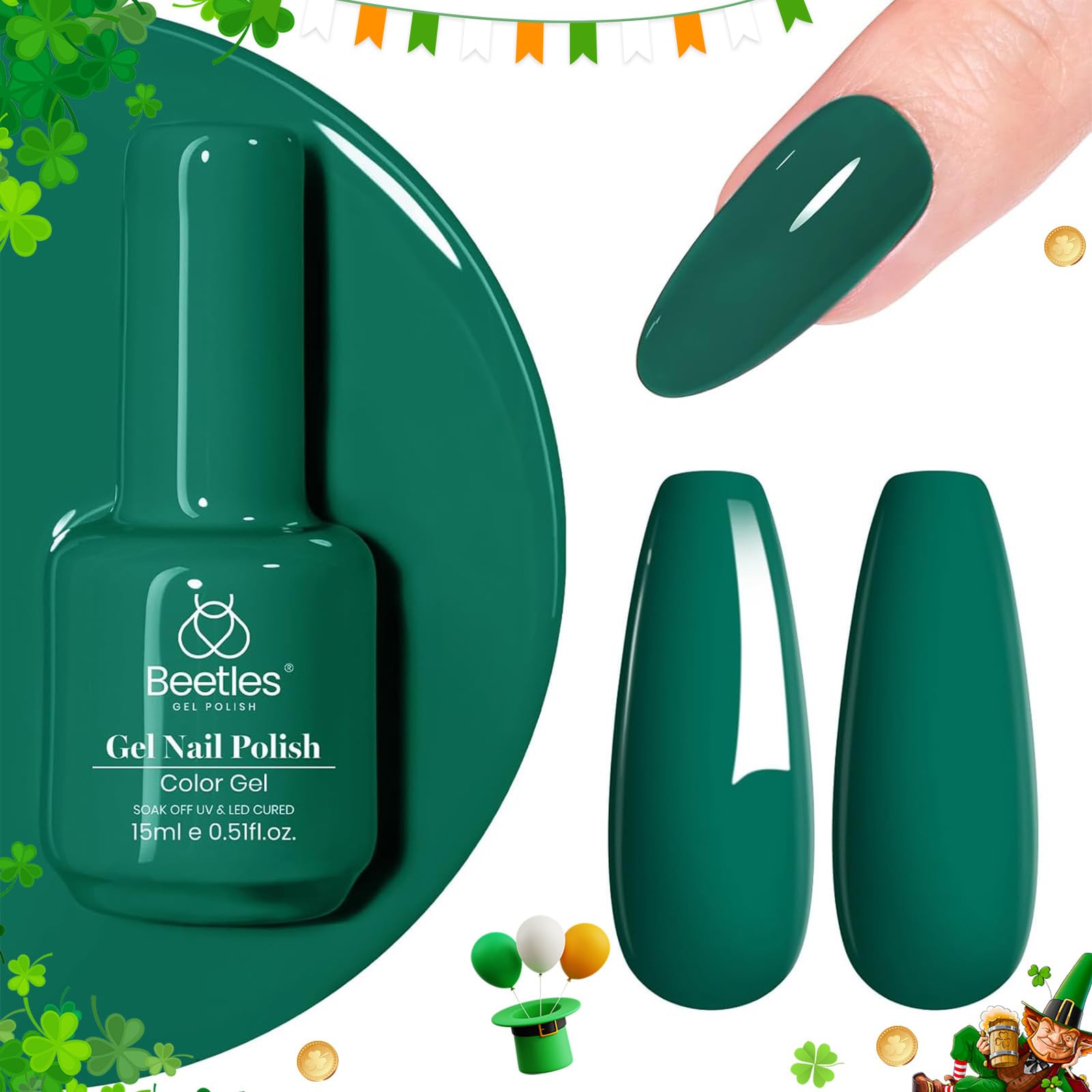 Beetles Emerald Green gel polish bottle and swatch showing long-lasting color payoff.