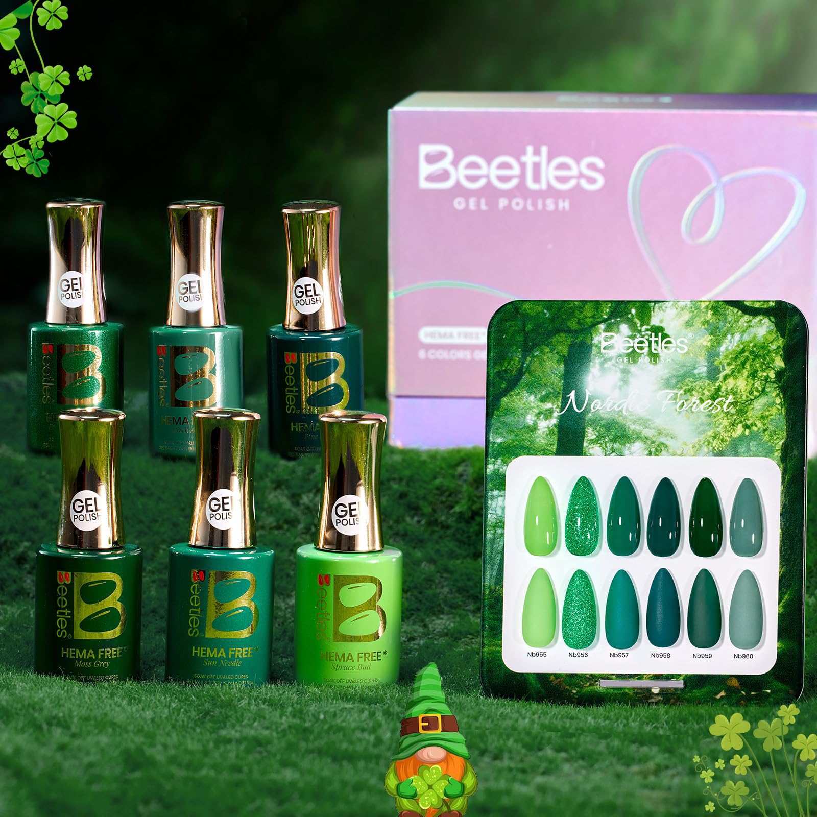 Beetles Green Gel Polish Set on display board with six shades for salon-quality DIY manicures