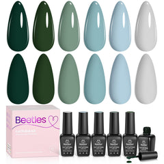 Beetles Green Gel Polish Misty Forest packaging, premium six-color set for home manicures.