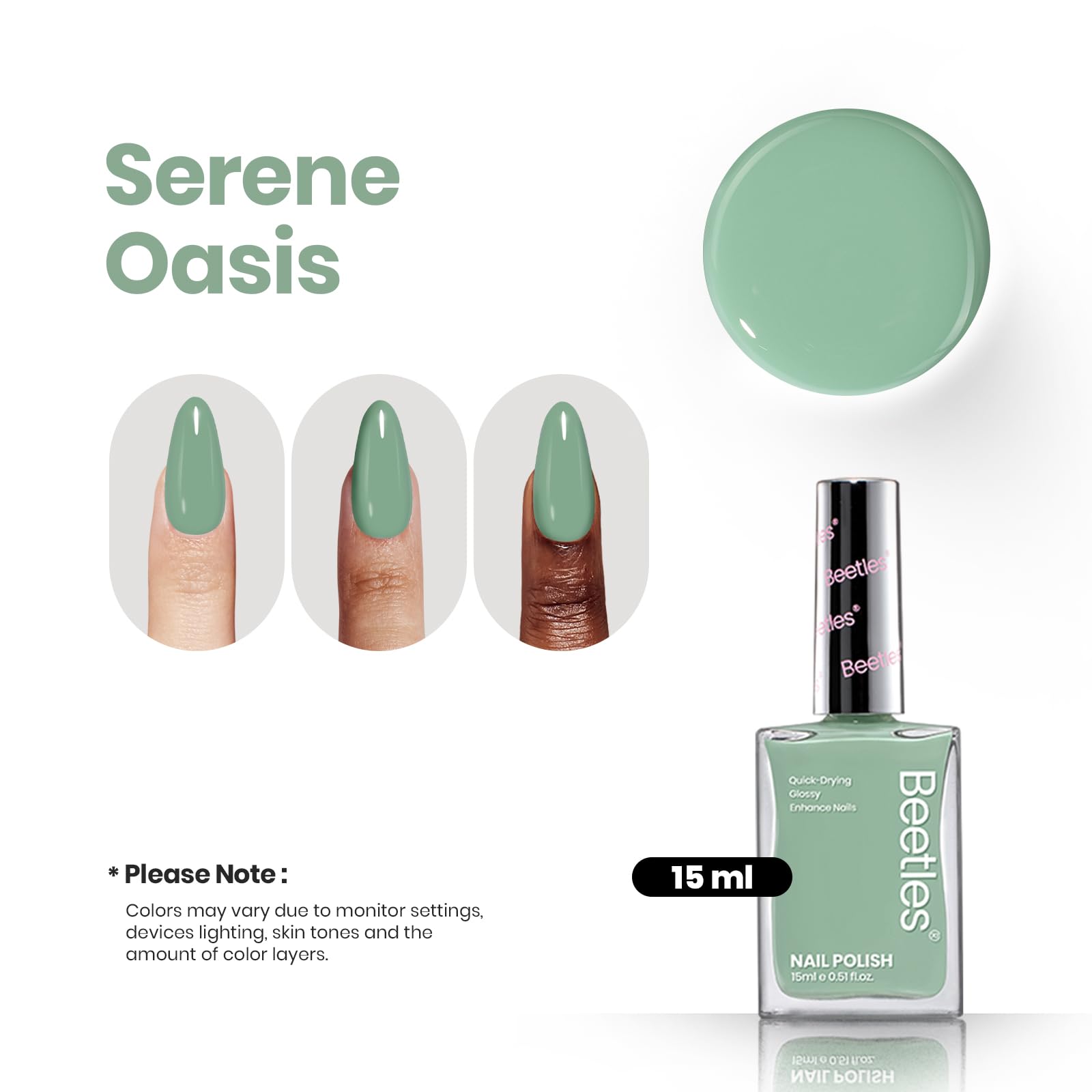 Beetles Serene Oasis Green swatches reveal vibrant, glossy finish