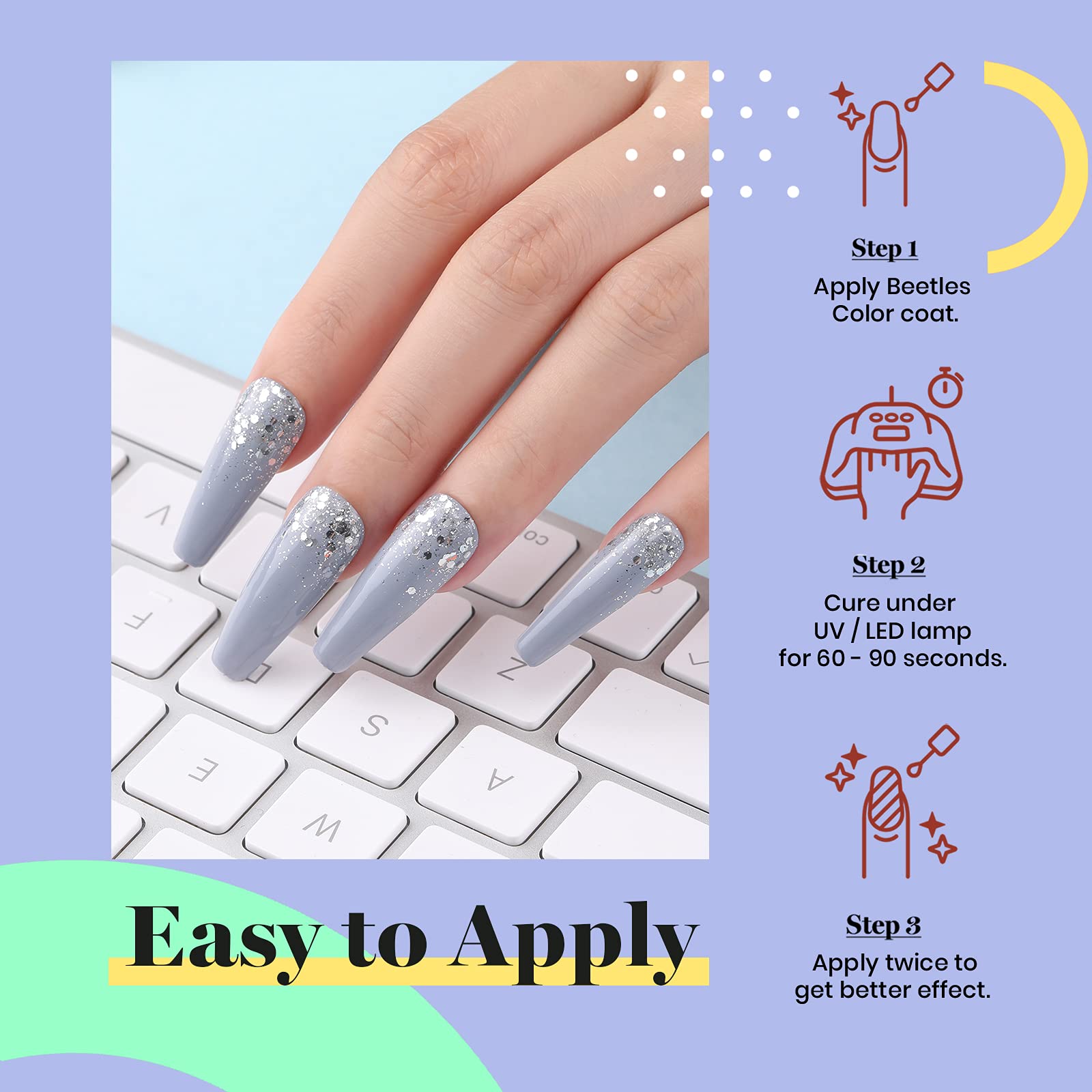 Beetles Grey Gel Nail Polish with base and top coats preparation steps.