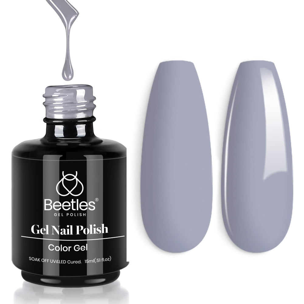 Beetles Grey Gel Nail Polish A830 bottle close-up with durable color after curing.
