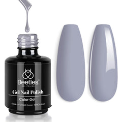 Beetles Grey Gel Nail Polish A830 bottle close-up with durable color after curing.