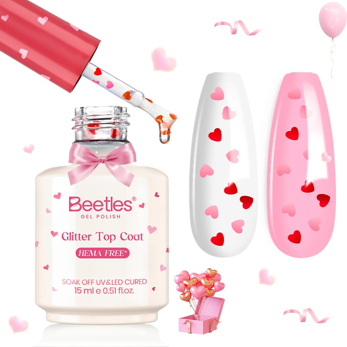 Beetles Heart Pattern Top Coat bottle showing built-in heart texture for Valentine nails.