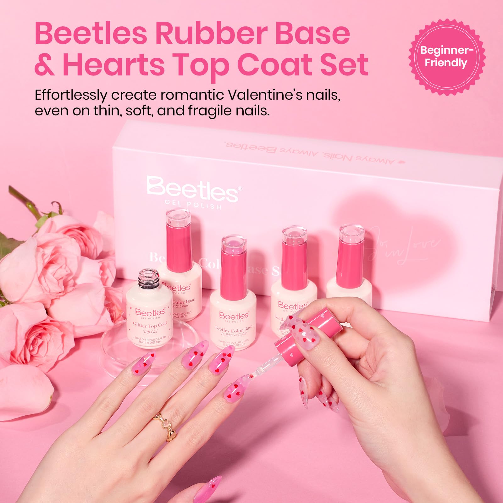 Beetles Heart Pattern Top Coat showcases built-in hearts for quick romantic manicures