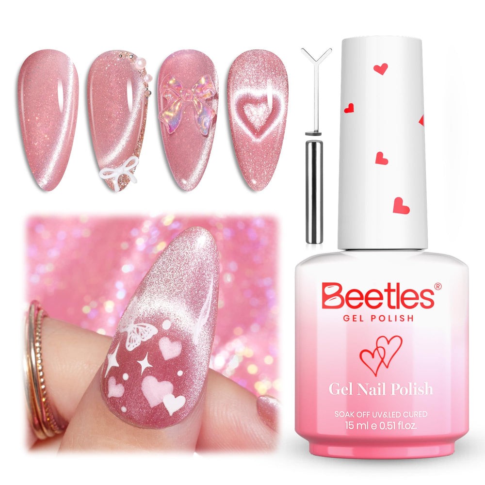 Beetles Heartbeam Pink Cat Eye bottle showing romantic pink shimmer for chic nails