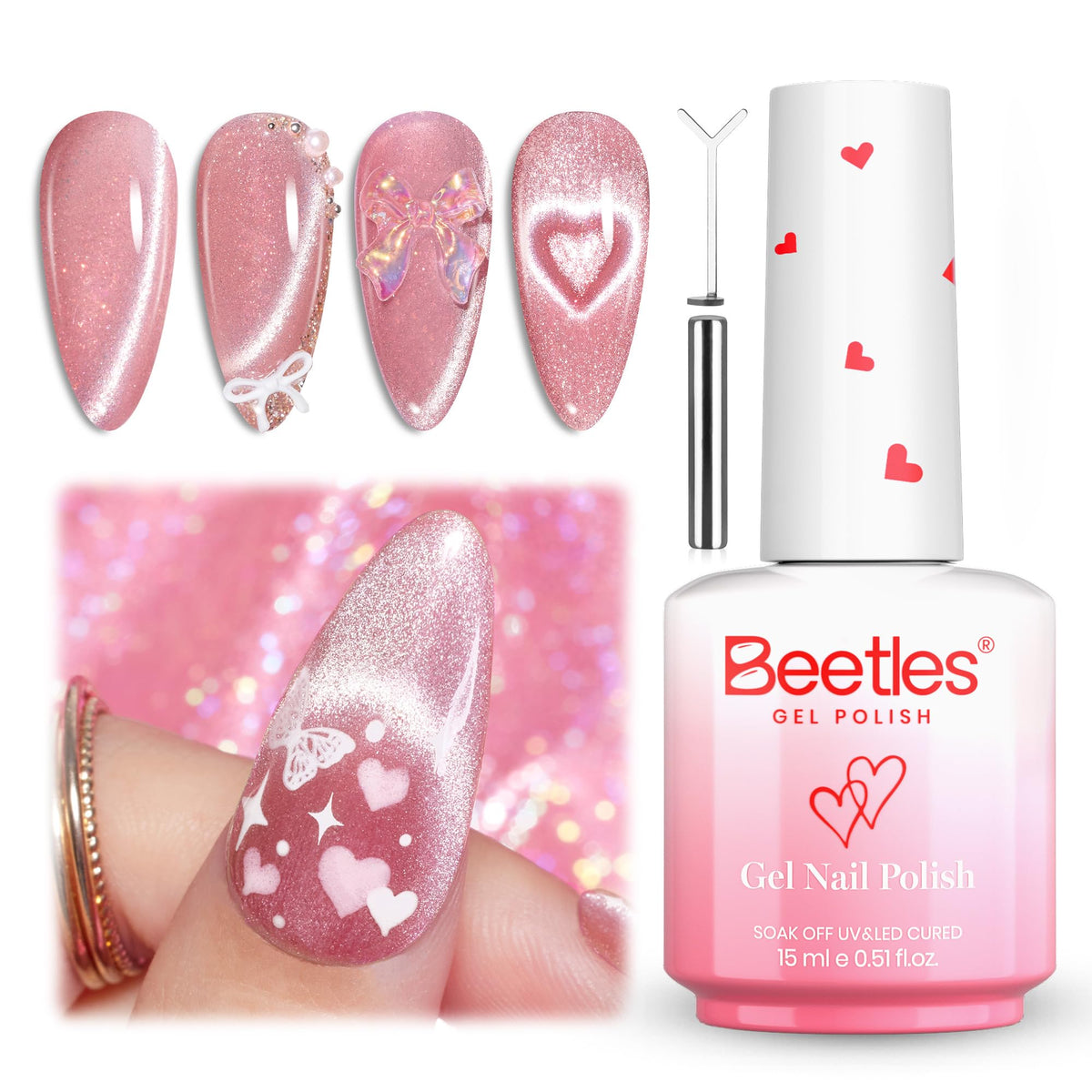 Beetles Heartbeam Pink Cat Eye bottle showing romantic pink shimmer for chic nails