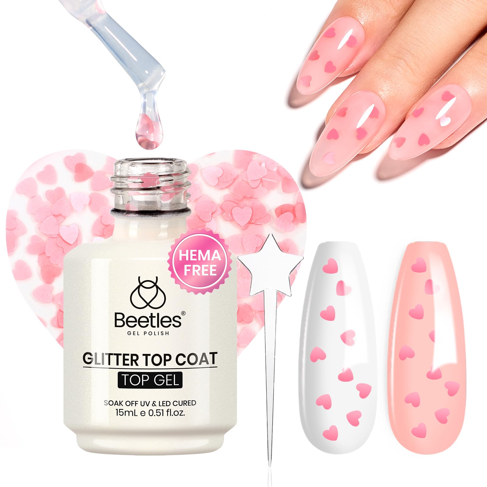 Beetles Hema-Free Pink Heart Top Coat bottle with pink glitter finish.