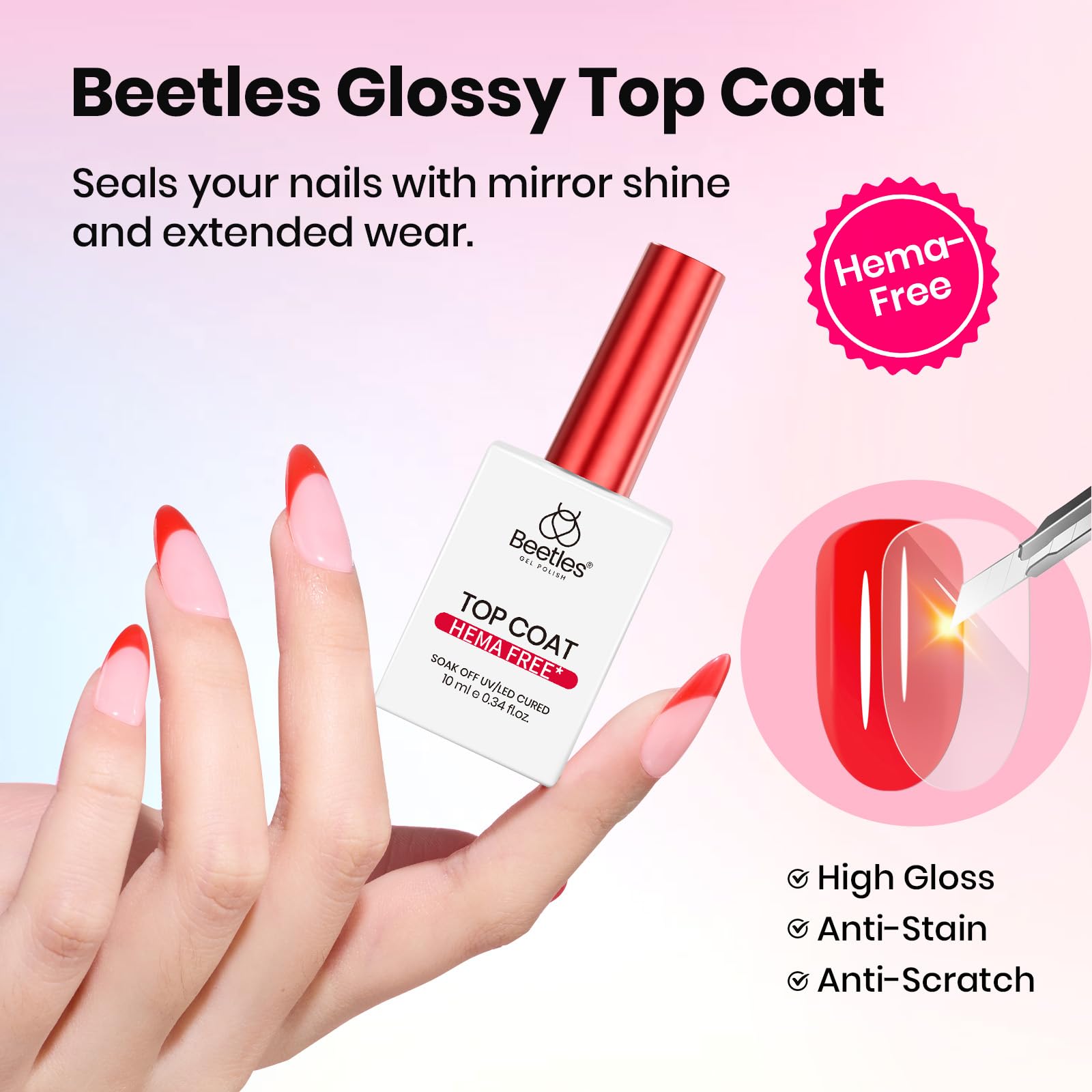 Beetles HEMA-free Glitter Top Coat bottle provides vibrant festive sparkle.