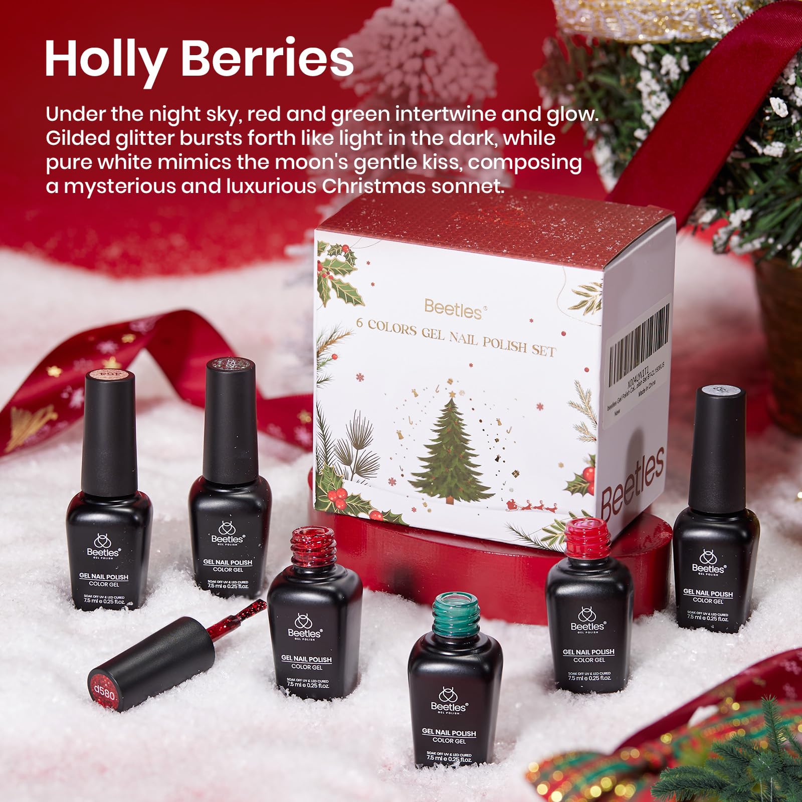 Holly Berries glitter shades display red-green-gold sparkle for dazzling party nails
