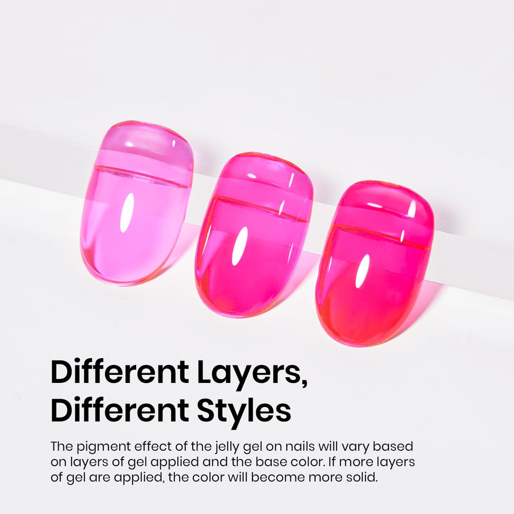 Beetles hot pink jelly nail look demonstrates translucent layering for versatile effects.