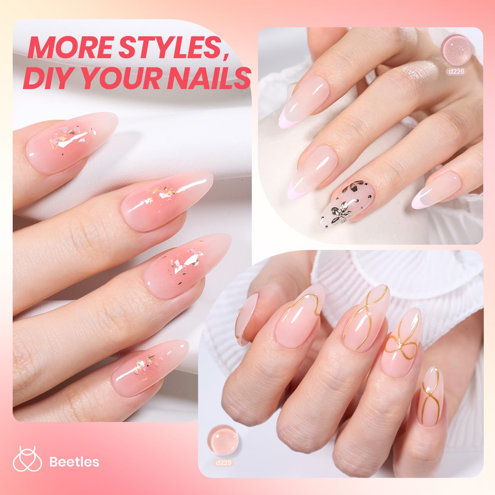 Beetles Jelly Gel Nail Polish D225 swatch reveals subtle pink shimmer for daily wear
