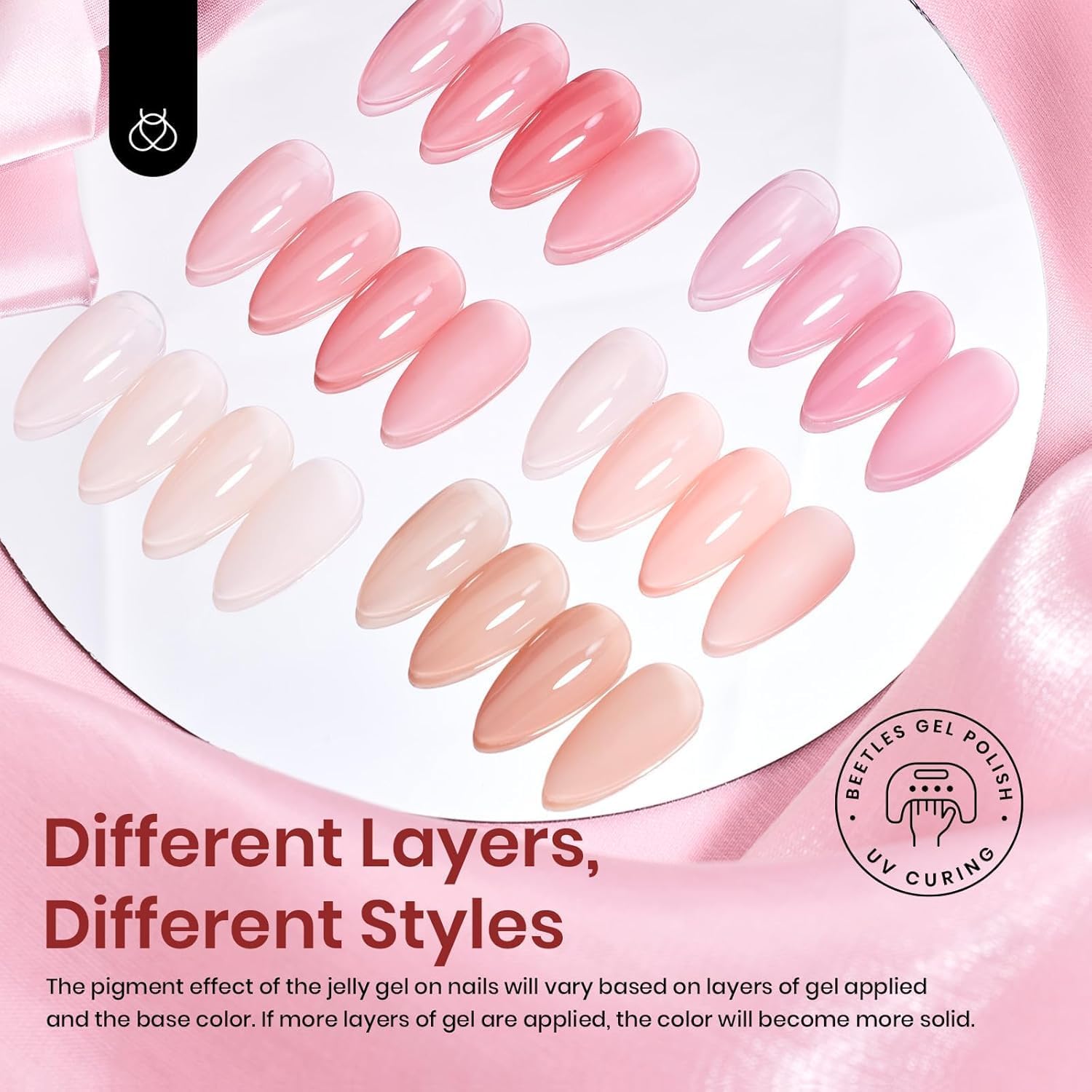 Beetles Jelly Gel nude pink swatches show sheer to opaque options