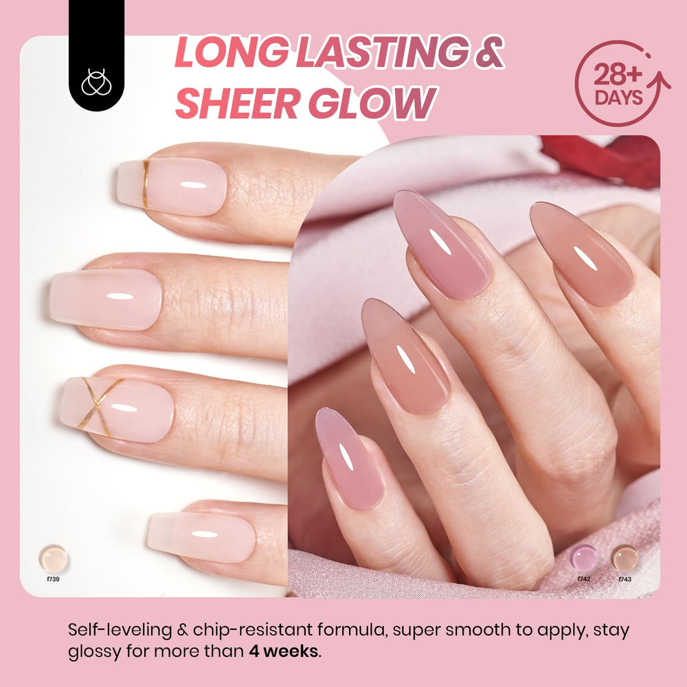 Beetles Jelly Gel Set on nails demonstrates sheer pink brown finish