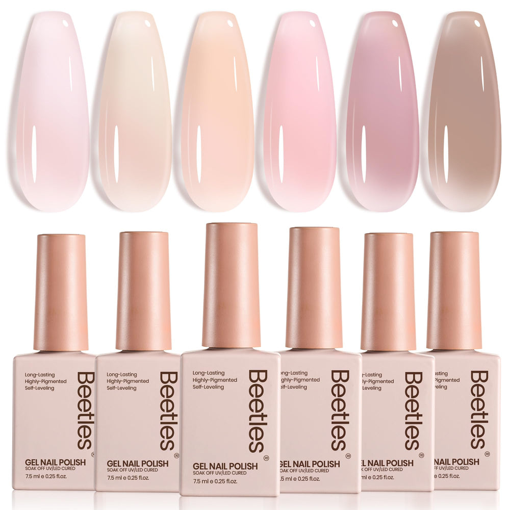 Beetles Jelly Gel Nail Polish Set swatches display six neutral shades for versatile looks