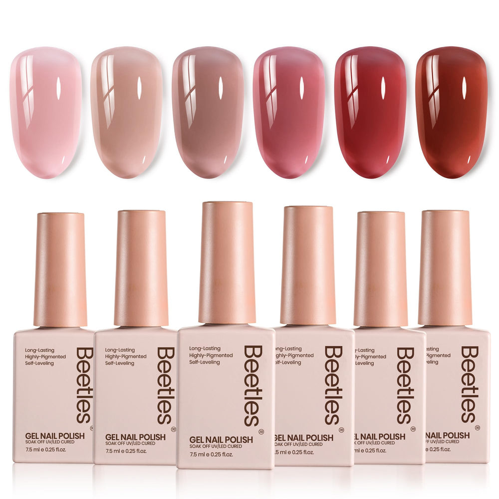 Beetles Jelly Gel Nail Polish Set in neutrals with a glassy jelly finish.