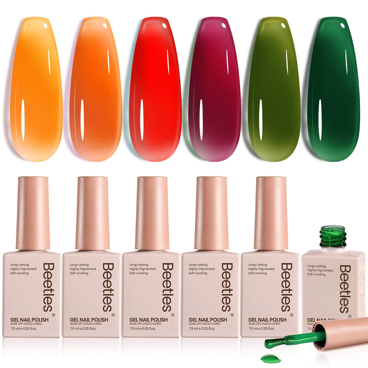 Beetles Jelly Gel Nail Polish Set: six colors for versatile fall manicures.