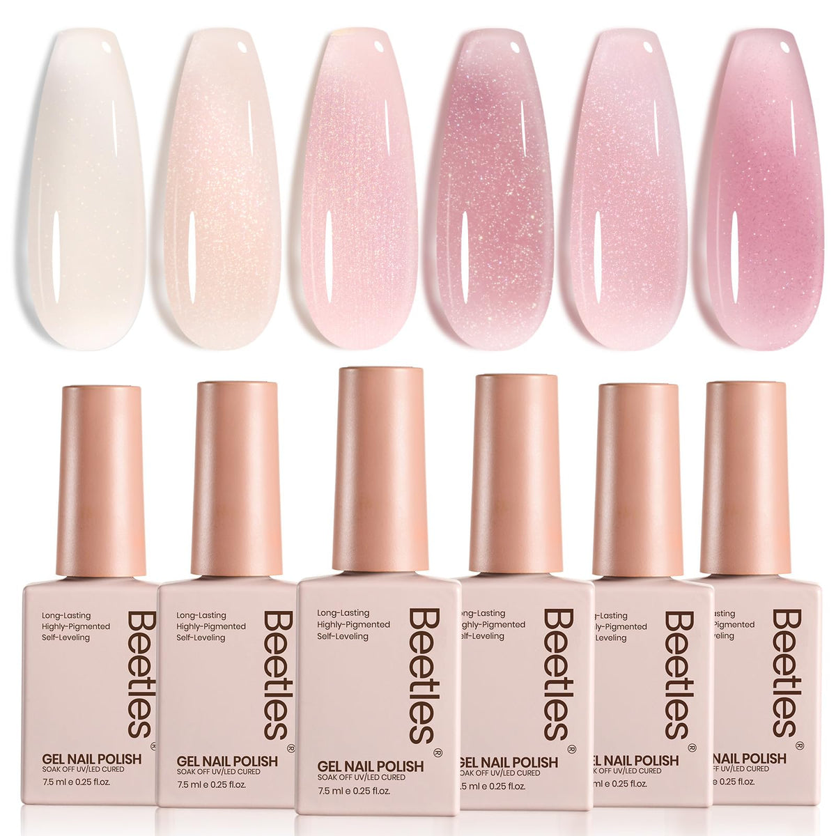 Beetles Jelly Gel Nail Polish Set bottle closeup shows shimmer nude-pink hues for glossy nails.