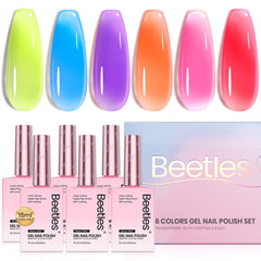 Beetles Jelly Gel Nail Polish Set front view with six neon shades for vibrant summer nails.