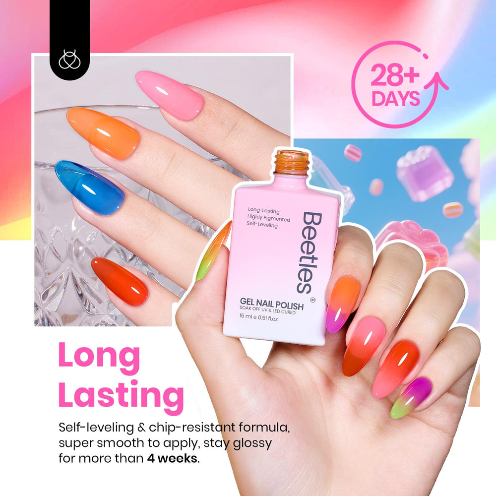 Beetles Jelly Gel Nail Polish Set neon shades closeup 01 showing bright translucent jelly color.
