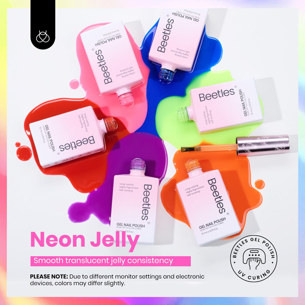 Beetles Jelly Gel Nail Polish Set neon shades closeup 02 emphasizing sheer glow for overlays.