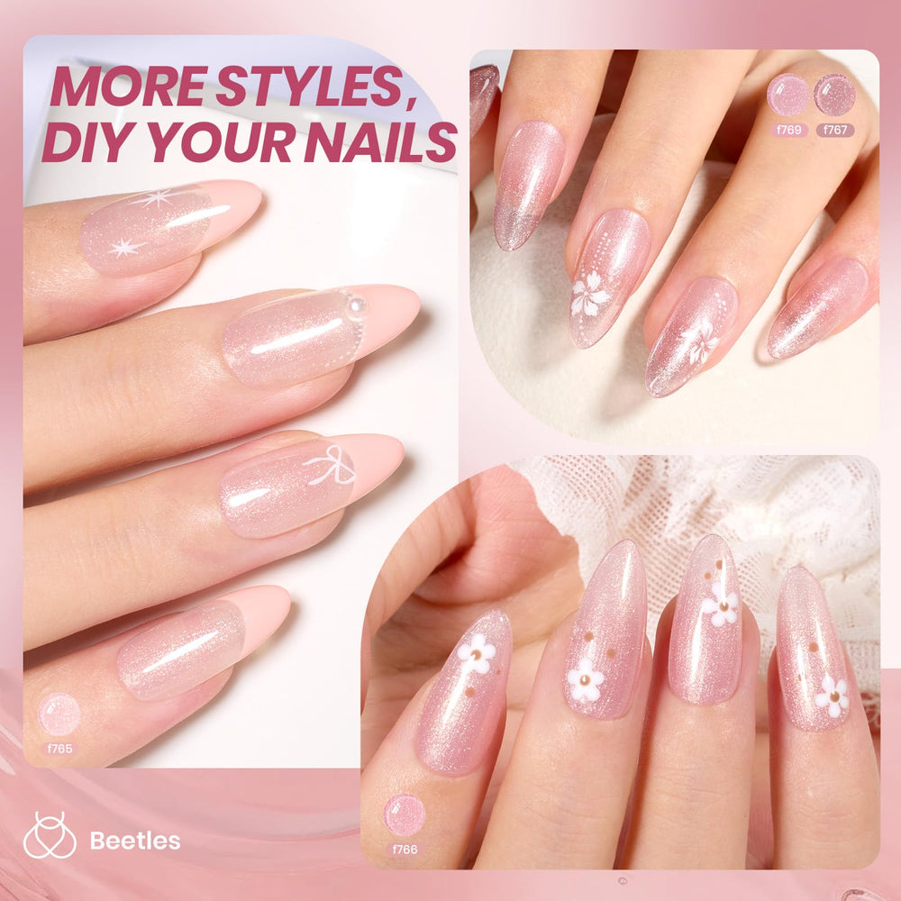Beetles Jelly Gel Nail Polish Set nude pink nails demonstrate sheer-to-opaque layering options.