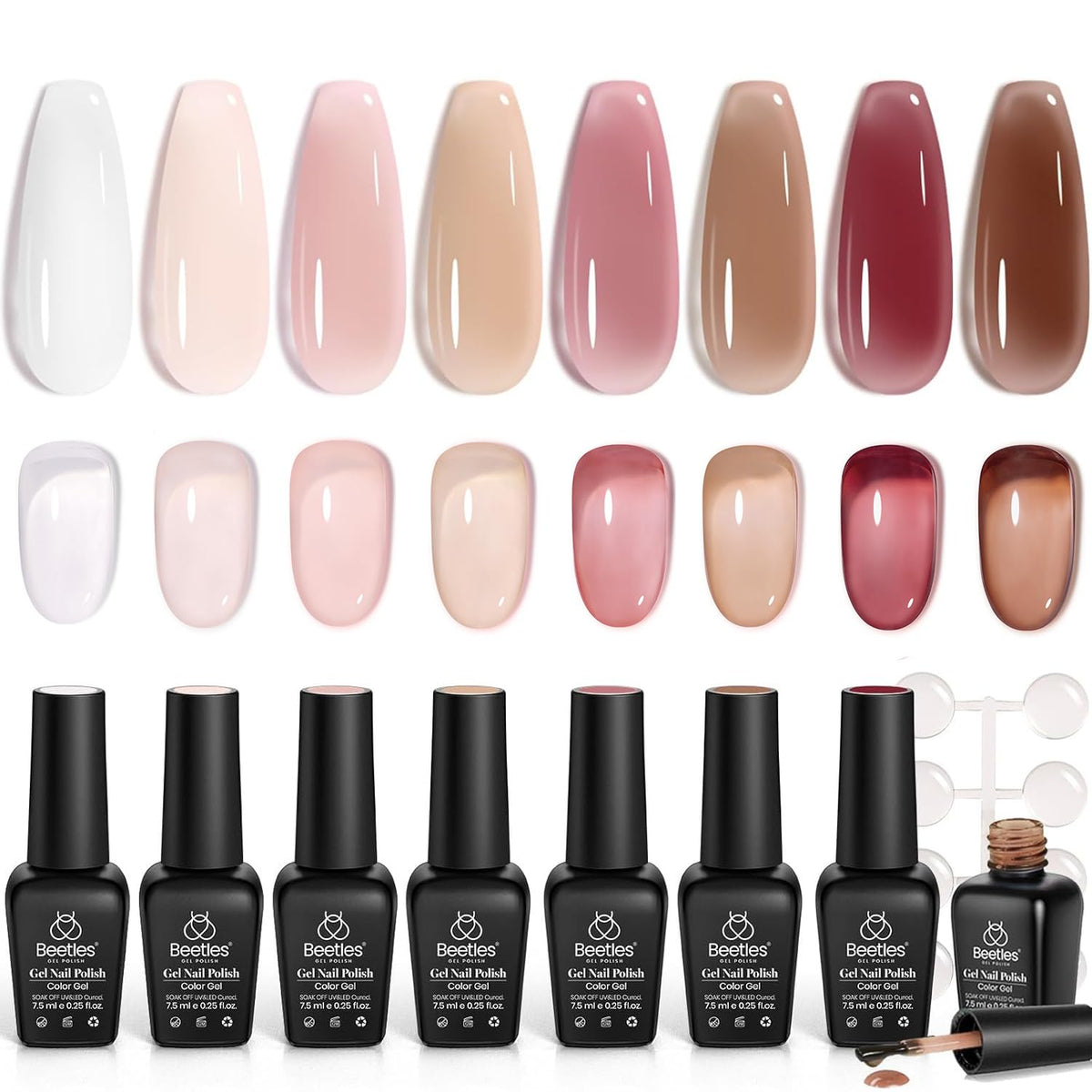 Beetles Jelly Gel Polish Set swatches showing eight nude translucent shades for easy selection