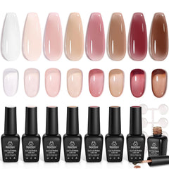 Beetles Jelly Gel Polish Set swatches showing eight nude translucent shades for easy selection